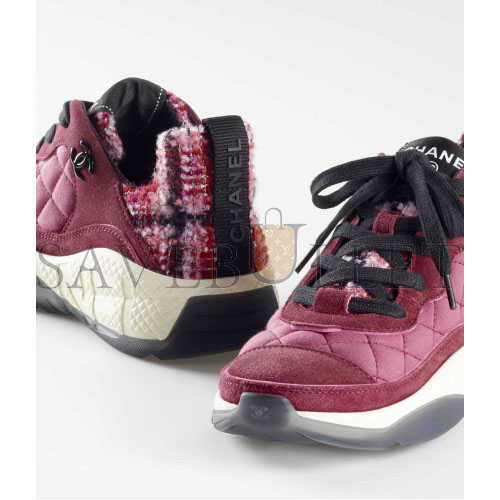 CHANEL SNEAKERS 		FABRIC, TWEED & SUEDE CALFSKIN			LIGHT BURGUNDY, PINK & BLACK G39234 Y55990 K47