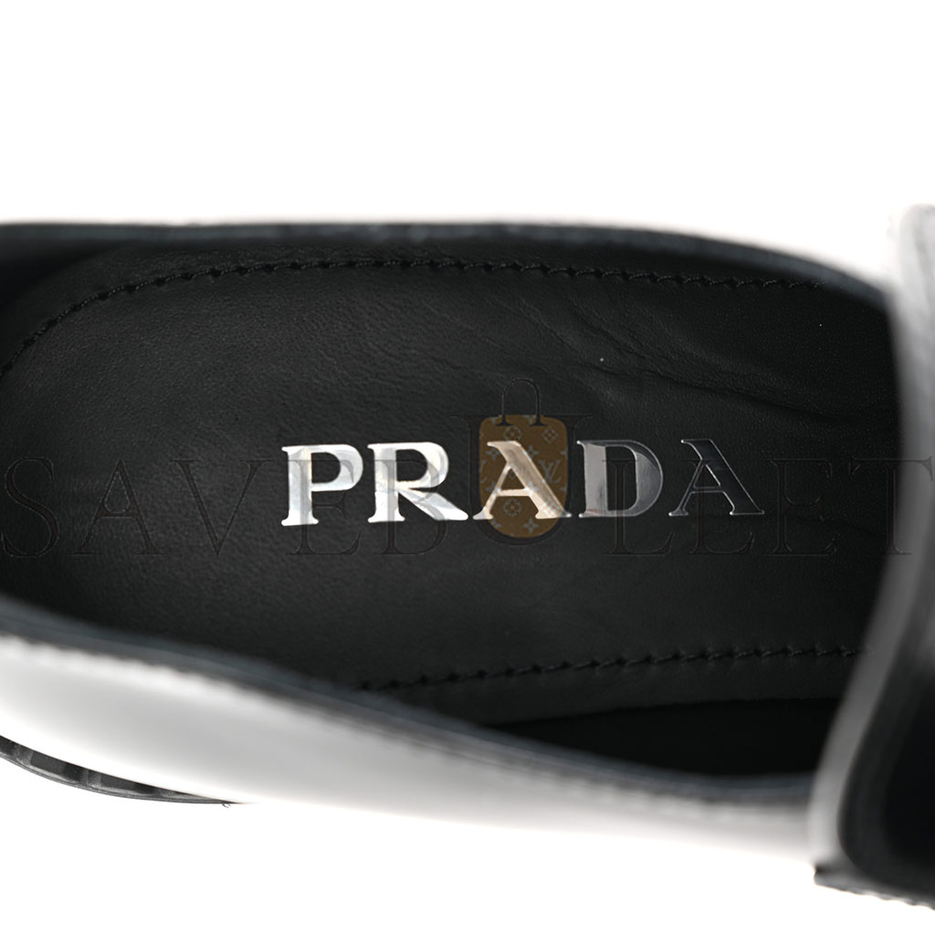 PRADA SPAZZOLATO METAL TRIANGLE LOGO 50MM LOAFERS 37.5 BLACK