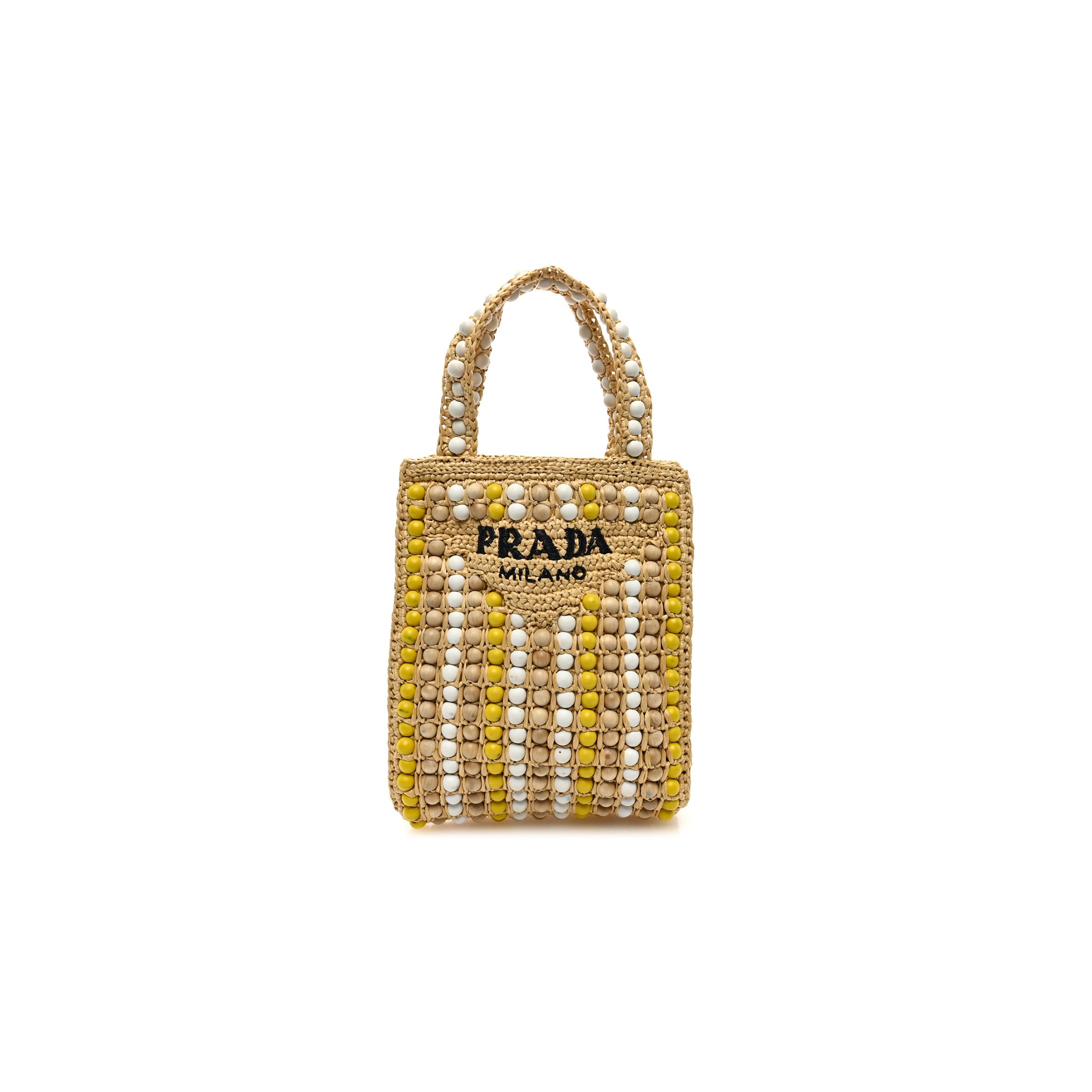 PRADA RAFFIA EMBROIDERED WOOD BEADED LOGO TOTE BAG TAN (25*20*6cm)