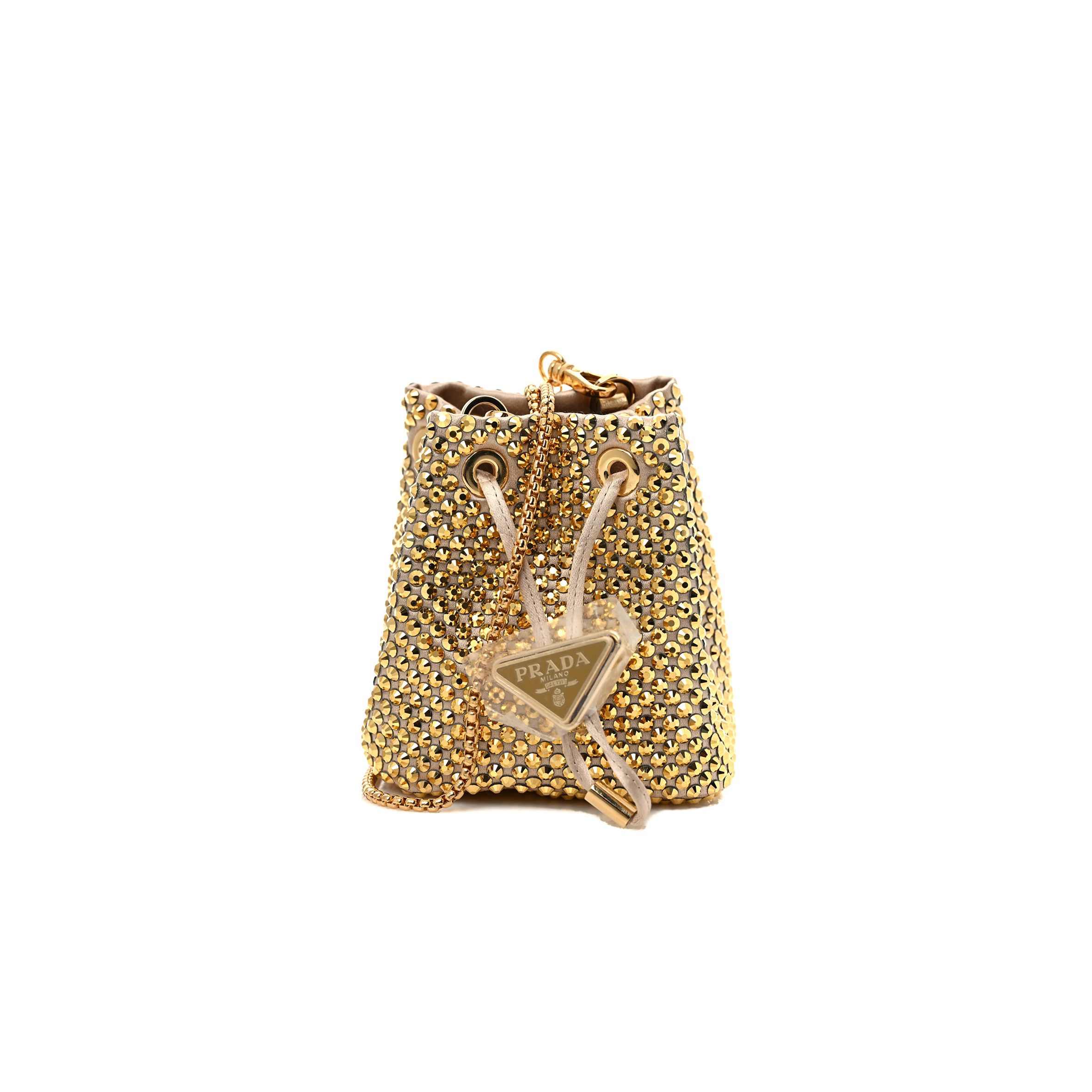 PRADA SATIN CRYSTAL DRAWSTRING MINI POUCH PLATINO (9*9*6cm)